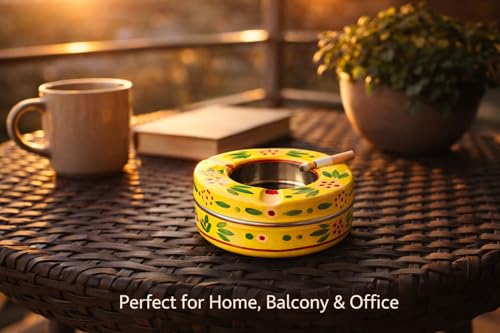 Image of iHandikart Handpainted Ash Tray 4x2 Inch | Metal Ashtray for Home, Table & Car Use | Multicolour Decorative Ashtray | Handmade Smoking Accessories for Indoor & Outdoor Use(Yellow)