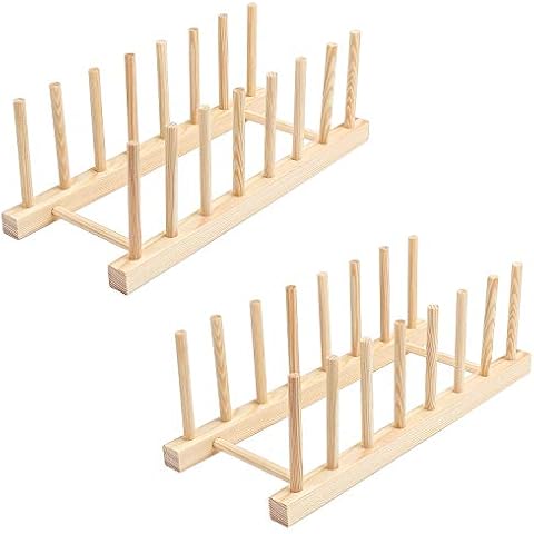 Coolty 2 Pack Bamboo Rack Kitchen Wood Bamboo Holder Dish Storage Tray Rack Drainer Plate Stand - Suitable for Storage CD Tableware Book Wine Glass Cover