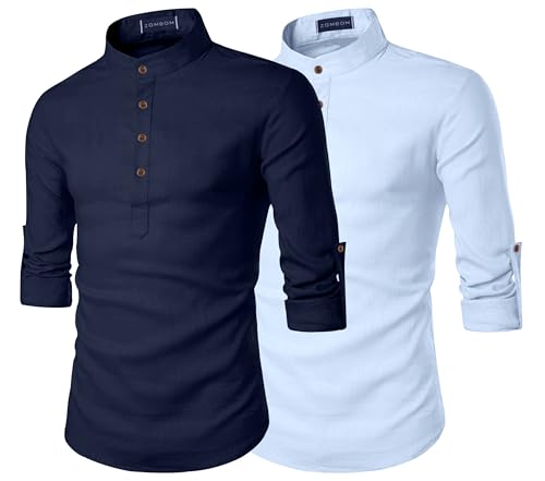 Image of Zombom Men's Combo Cotton Polyester Blend Solid Full Sleeve Straight Regular Fit Mandarin /Chinese Collor Kurta (Pack of 2)