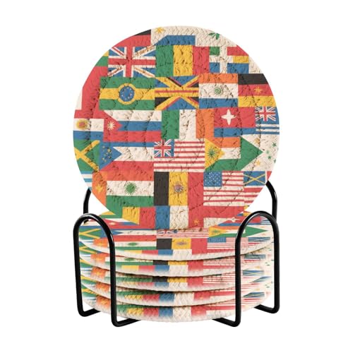 Juego de 6 posavasos de bandera nacional de dibujos animados coloridos para oficina, con soporte, para mesa de café, hogar, bar