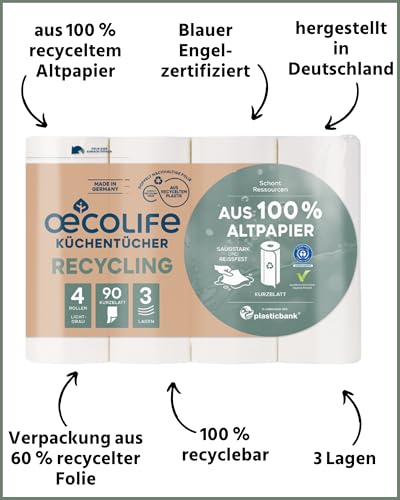 œcolife Küchentücher RECYCLING, 48 Rollen à 90 Blatt, 3-lagige Küchenrollen aus Recyclingpapier, nachhaltig, Made in Germany