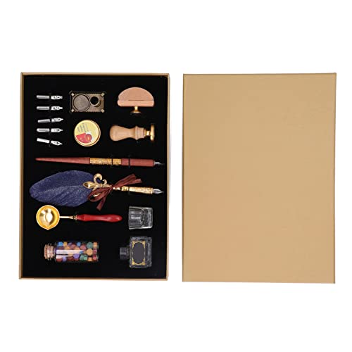 Juego de pluma y tinta vintage con cera de sellado, juego de pluma de caligrafía, elegante instrumento de escritura con 5 puntas y sello de cera para práctica de caligrafía gótica (Azul oscuro)