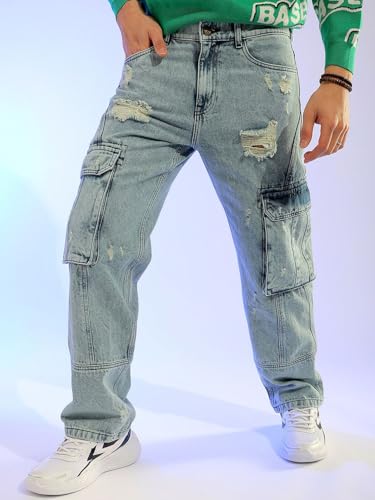 Image of The Indian Garage Co Men Relaxed Fit Solid Mid-Rise Cargo Denim