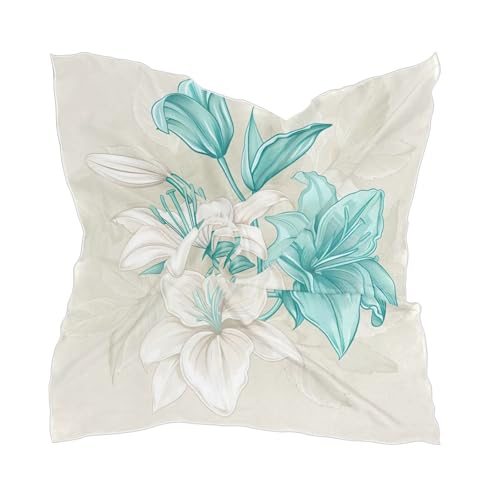 Square Scarf Aqua White Lily Flower Silk Feeling Bandanas Head Scarfs Hair Wraping Neckerchief for Women 23.6 Inch