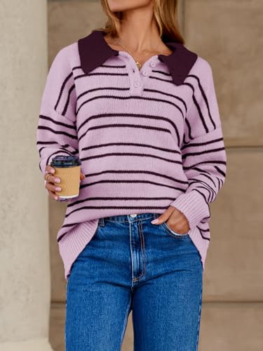 Saodimallsu Womens Striped Swaters Button Collared Polo Shirts Oversized Long Sleeve Chunky Knit Trendy Pullover Tops3