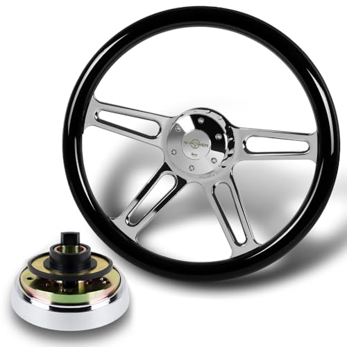18" Universal 457mm 5 Bolt Hole 2 Inches Deep, Vintage Style Wood Grip Steering Wheel with Hub Adapter Compatible with T04 Kenworth, Peterbilt All Models (Black Wood Grip)