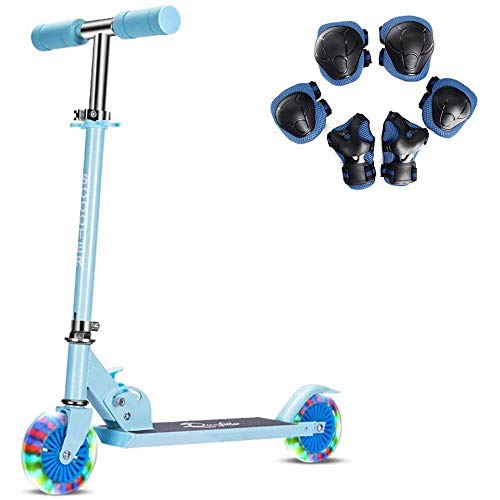 2 wielen kickscooter voor kinderen, LED Light Up Wheels, 3 verstelbare hoogte, achterspatbord rem, lichtgewicht opvouwbare scooters met beschermende uitrusting (blauw)