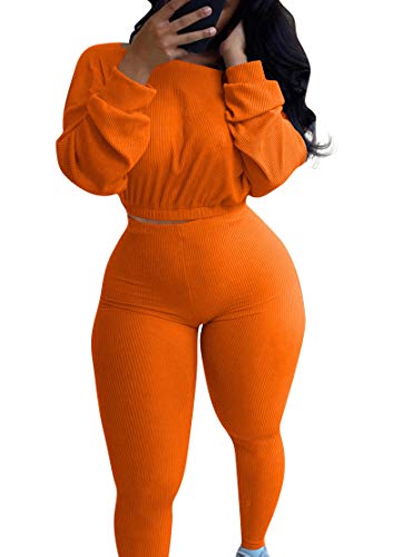 Annystore Women Solid Color Two Piece Tracksuit Set Ribbed Crop Tops Skinny Long Pants Bodycon Sweatsuit Jumpsuit Orange L #TOP7