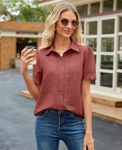 Image of siliteelon Womens Summer Button Down Lace Blouses Lapel Trim Dress Casual Shirts 2026 Fashion Business Short Sleeve Tops