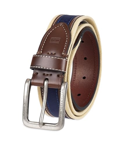 Tommy Hilfiger Men's Casual Fabric Belt, Khaki/Brown/Navy, 34