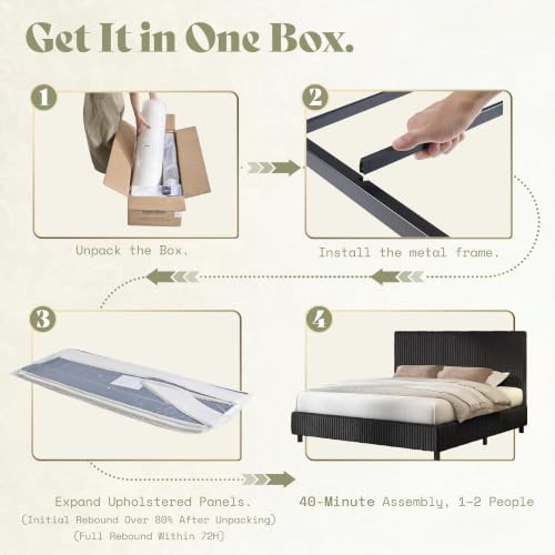 Image of AMERLIFE Queen Bed Frame, Upholstered Metal Platform Bed with Vertical Channel Tufted Headboard, Soft Fabric & Strong Metal Slats, Noise-Free /Easy Assembly, Black