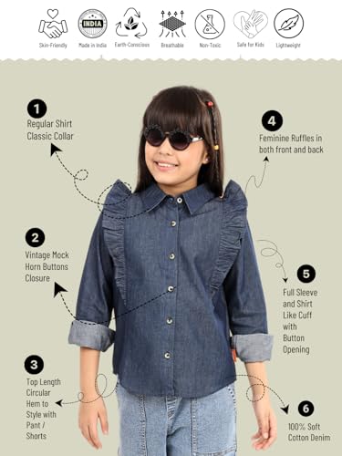 Image of olele Girls Full Sleeve Ruffles Cotton Linen Shirt - White for 4 to 14 Years | Kids Girl White Shirt | White Ruffle Shirt for Girls | Shirt Jeans