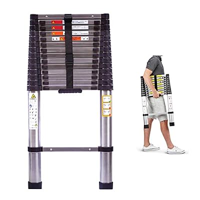 12.5ft Telescoping Ladder Stainless Steel Construction Portable Folding Extension Ladder for Home Office RV Attic Building Maintenance, 330lbs Load Capacity, EN131 Standard, with Slip-Proof Feet