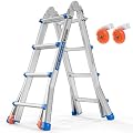 LUISLADDERS Ladder, A Frame 4 Step Ladder Telescoping Ladder, 17 Ft Reach Height Muti Position Folding Ladder Flared Leg & Wheels Design, 330 lbs Capacity Extension Ladder for Household Outdoor Work