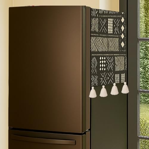 Image of Double Door Fridge Cover 250-400L | 450 GSM Durable Fridge Top Cover with Tassels | Fits Godrej, LG, Haier, Samsung Models | Dustproof Refrigerator Cover Mat in Mud Cloth Print | WWW.THROWPILLOW.IN