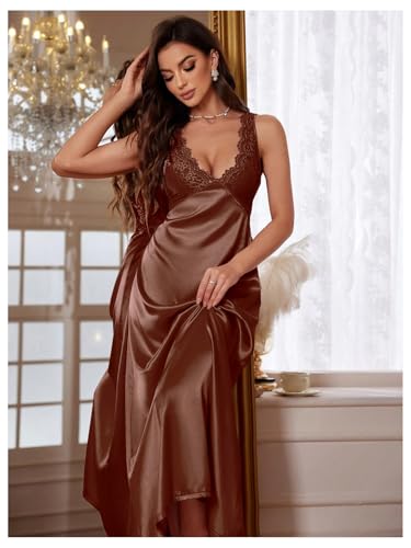 Image of WDIRARA Women's Satin Sleepwear Nightgown | Lace, Backless, Deep V Neck, Sleeveless, Long