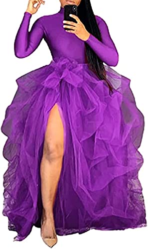 Women Tulle Tutu Long Maxi Skirt High Waist Floor Length Layered A-Line Puffy Skirts For Wedding Night Out Party (Purple Red, One Size) #TOP5
