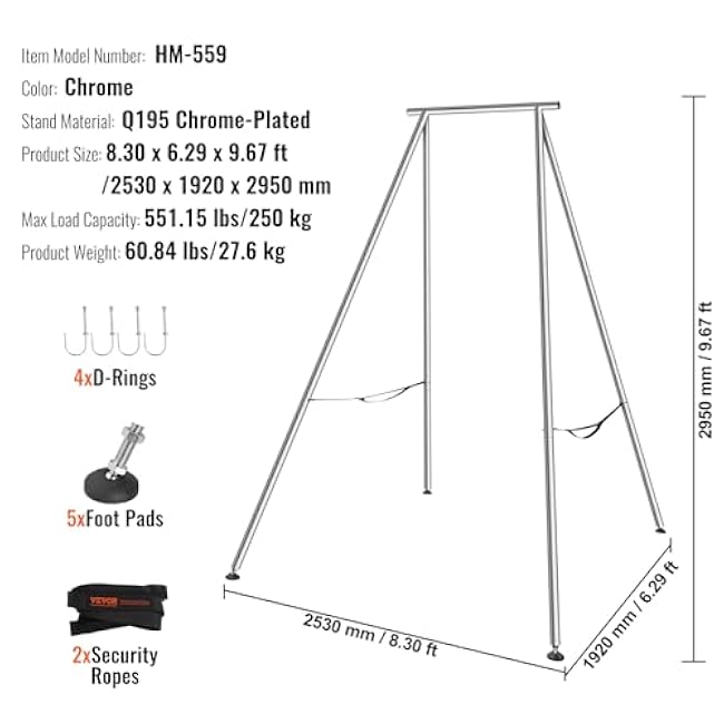 VEVOR Aerial Yoga Frame, 9.67 ft Height Swing Stand, Max 551.15 lbs Load Chrome-Plated Steel Pipe Inversion Yoga Rig for Indoor Outdoor Use