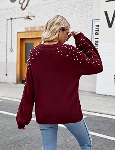 Image of Blooming Jelly Women's Chunky Sweater Crewneck Sweatshirt Knit Lantern Sleeve Oversized Pullover Sweater with Pearls