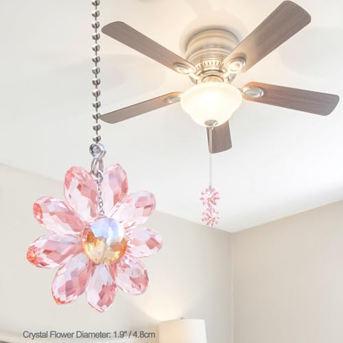 Image of LEFERS Ceiling Fan Pull Chain, 2 Pieces 1.8 inch Crystal Glass Flower Pendants with 24 inch Ceiling Fan Chain Extender and Connector (Pink)