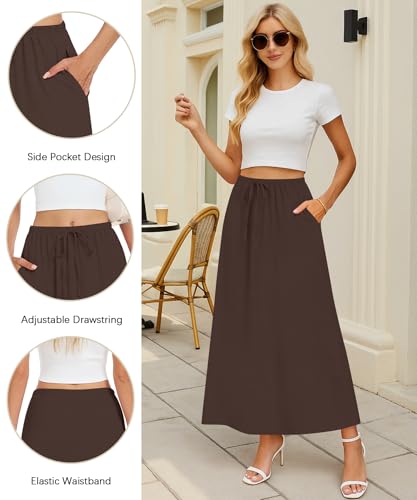 NILOUFO Maxi Skirts for Women High Waisted with Pockets Drawstring Brown — view 4