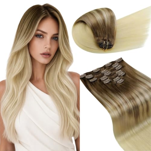 Image of LaaVoo Human Hair Clip In Extensions, For Date Night, 16 Inch | Blonde Ends Ombre Starting From Light Brown Roots, 120g 7pcs, Hair Extensions Clip Ins, Smooth, Natural Shine