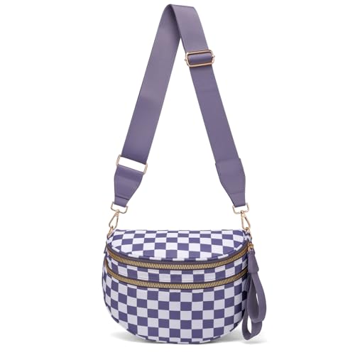 Pure Colour Crossbody Bum Bags for Women Spacious Checkered Cross body Bag Nylon Trendy Fanny Pack for Travel