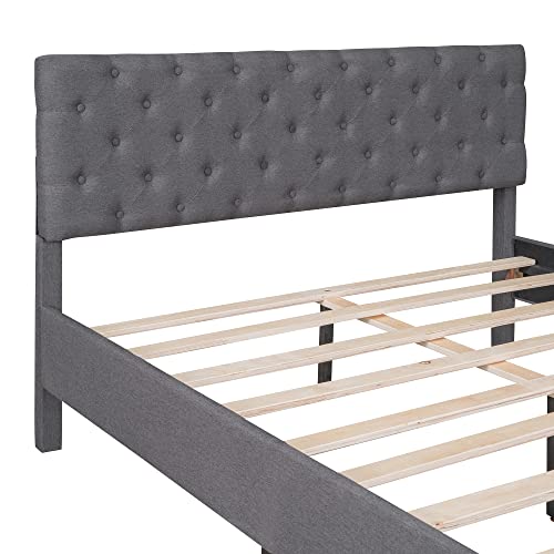 Anwick Queen Size Wood Bed Frame With Fabric Upholstered Headboard And Metal Frame,Wood Platform Bed With Solid Wood Slats,No Box Spring Needed/Easy Assembly #TOP6