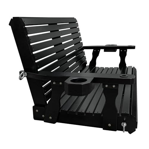 Wooden Porch Swing 2-Seater, High Backrest and Deep Seat, Bench Swing with Cupholders, Hanging Chains and 7mm Springs, Heavy Duty 880 LBS, for Outdoor Patio Garden (Carbon Black - 4 FT Extra Large)