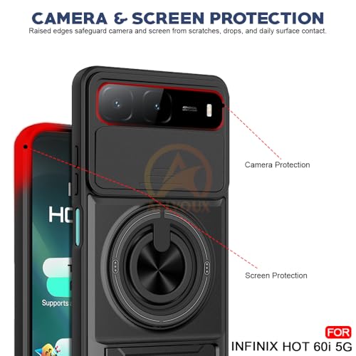 Image of Infinix Hot 60i 5G / Spark Go 5G Back Cover | Armor Camera Slider 360 Degree Rotating Finger Ring Holder Case with Bracket Stand Back Case Cover (Compatible with MagSafe Accessories) (Black)