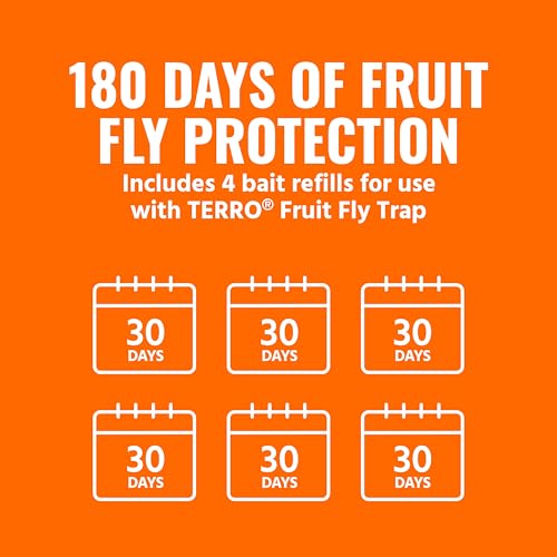 Image of TERRO Fruit Fly Trap Refills, 4 Pack Liquid Bait Replacement for Home | Food-Based Liquid Lure, Non-Staining, Fast-Acting, 180 Day Supply, No Mess, Fruit Fly Bait Indoor
