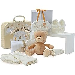 Maletin Bebe Regalo de Bebé Recién Nacido –- Cesta de Recién Nacido Azul Estilo Maletín con Osito, Cepillo, Patucos de Punto, Babero, Gorro, Muselina y Placa – Cesta de Bebé para Baby Shower