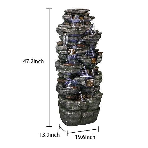 Image of SunJet 47.2 inch High Multi-Tiers Cascading Rock Outdoor Water Fountain with LED Lights - Large Outdoor Resin Fountains and Waterfalls for Garden or Patio, Yard, Deck Decor, Featuring Natural Stone Look
