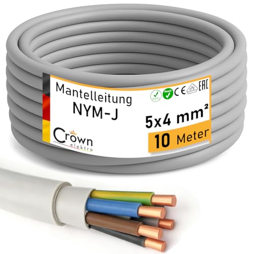 NYM-J Kabel 5x4mm - 10m Mantelleitung | Feuchtraumkabel für 300V/500V | Elektrokabel 5-Adrig mit PVC Mantel | Stromkabel für Elektroinstallation in Hellgrau