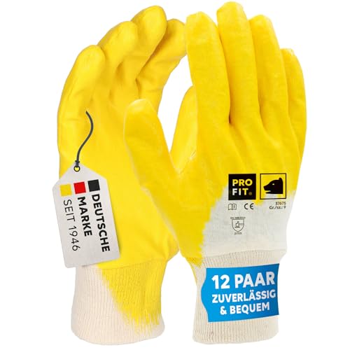 PRO FIT Nitril-Handschuh 12 Paar – Arbeitshandschuhe, Mechaniker-Handschuh, Schutzhandschuhe, Gartenhandschuhe ¾ beschichtet, Montagehandschuhe - Gelb, Gr. 7