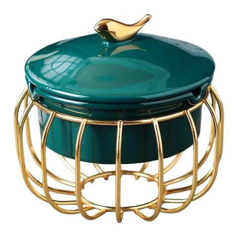 JETMANO Ceramic Ashtray with Lid, Golden Metal Bracket, Modern Light Luxury Home Decoration,Creative Ceramic Ornaments for Office Cafe Drawing Room Cover