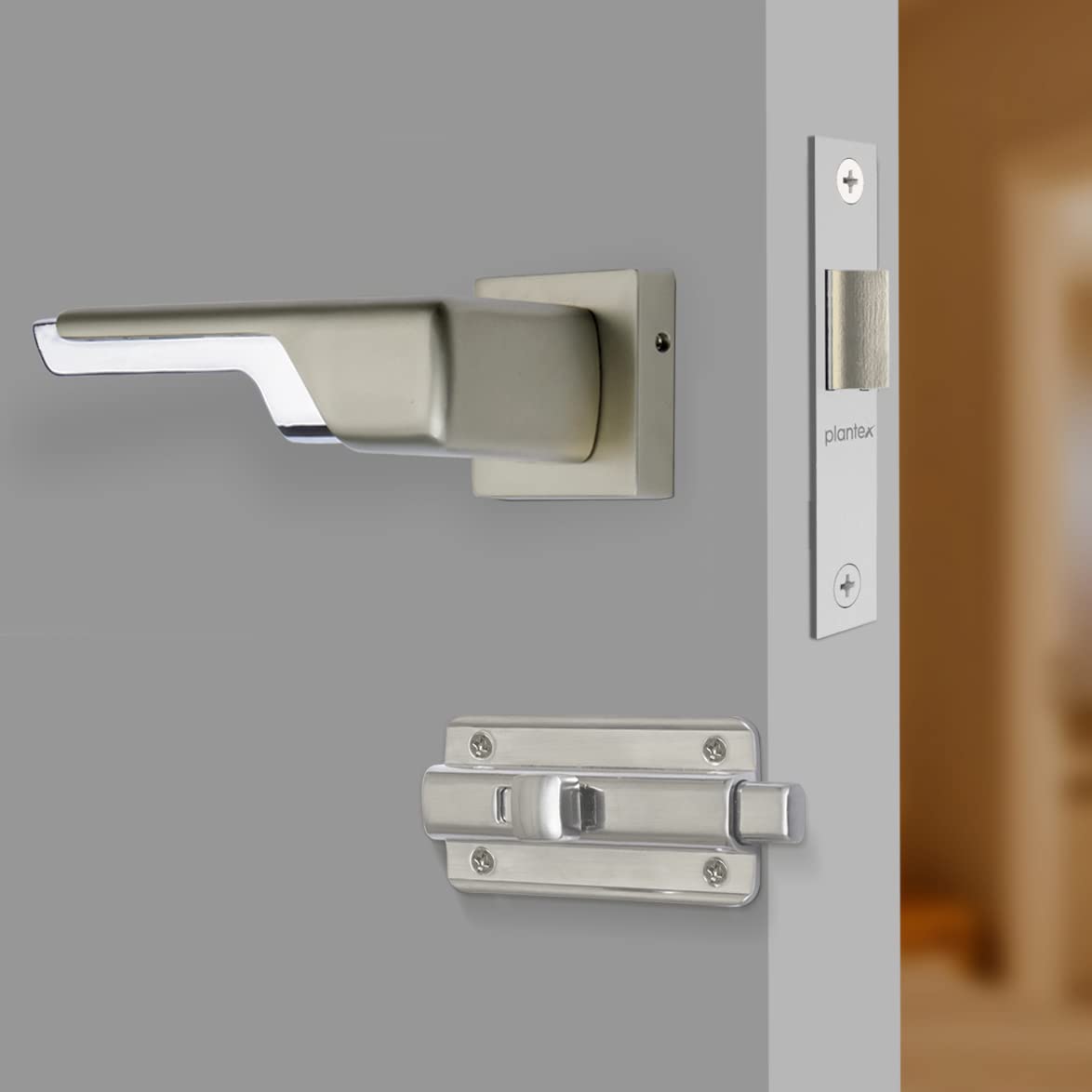 Plantex Heavy Duty Door Lock – Bathroom Door Lock/Mortise Keyless Handle Set for Home/Bathroom/Store Room/Balcony/Office with Baby Latch (7093 – Satin White & Chrome Finish) 2