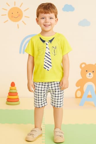 Image of Bold N Elegant Unisex Kid Cotton Solid Playful Happy Face Print Half Sleeve T-Shirt & Denim Shorts Summer Clothing Set