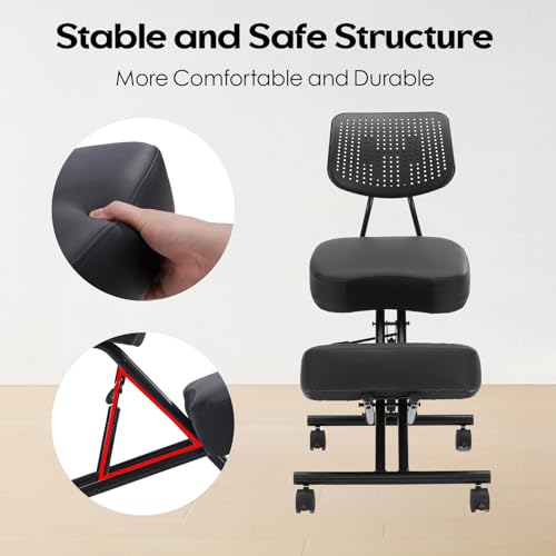 Image of Kneeling Chairs with Backrest PU Leather Ergonomic Home Office Chair Adjustable Height Seat Rolling Wheels Comfort Thick Cushion Work Stool Improve Posture Chair