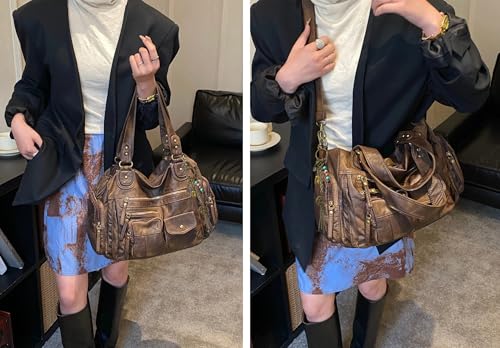 Image of Worldlyda Crossbody Bags for Women Large Tote Soft Leather Purses Washed Y2K Hobo Vintage Handbag Shoulder City Bag