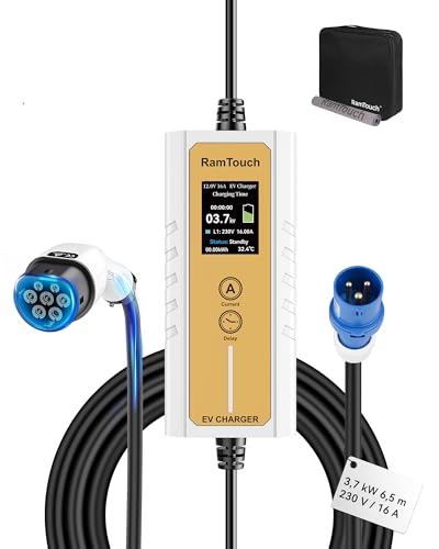 RamTouch Cargador Coche Eléctrico (3,7 kW, 6,5 m, Tipo 2, CEE 16A) - Cargador Vehículo con Corriente Ajustable 6A-16A, Carga Diferida/Programada, Cable de Carga Tipo 2 para Híbridos y Eléctricos