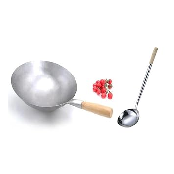 Zocardo Chinese woks Chinese Iron Kadai with Wooden Handle,Wok with Stainless Steel Big Size LADDLE with Wooden Handle (13.5 inch)