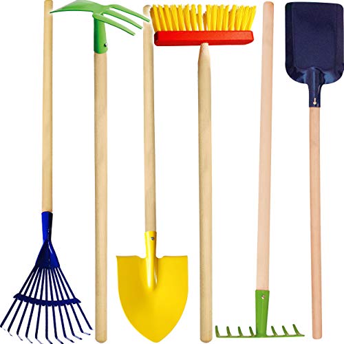 alles-meine.de GmbH 6 TLG. XL Gartenset Schaufel Besen Rechen Schaufel Rechen Harke - Holz Metall für Kinder Garten groß bunt Gartenwerkzeug Gartengeräte