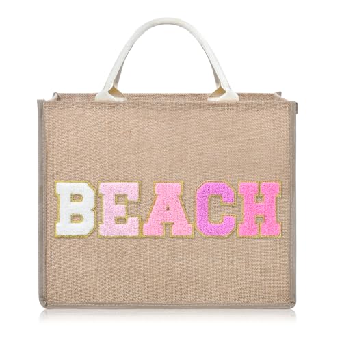 Bolso playero grande para mujer de paja tejida con parches de chenilla miniatura 1
