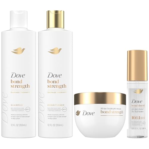 Dove Bond Strength, Damage Therapy System – Shampoo, Conditioner, 10-in-1 Shield Serum & Peptide Mask, Hair Repair Treatment, Anti-Frizz (4 Piece Set)