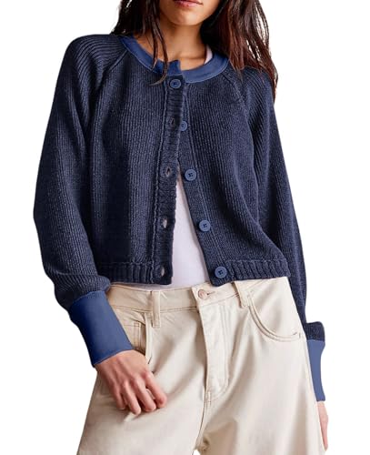 Image of loveimgs Women Knitted Button Down Cropped Cardigan Jacket Sweater Y2k Fall Knit Color Block Sweater Crewneck Crop Short Coat