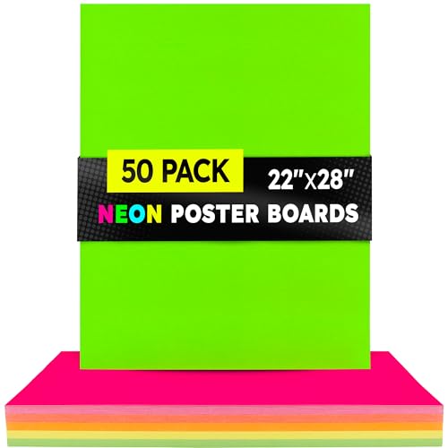 Image of Hygloss Medium Poster Board 22x28 - 50 Assorted Neon Color Bulk Pack - 10 Pt. Thickness Colored Poster Board Paper for Projects, Signs, Displays - Posterboard Multipack 22 inch x 28 inch