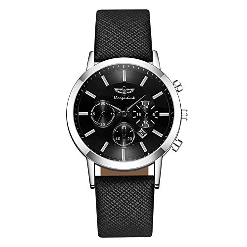 Men's Multi-dial Watch Case Leather Band Business and Sport Design Quartz Analog Wrist Watch Chronograph Quartz Watch for Men (B)