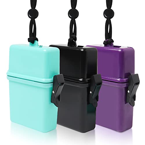 Proturbo 3Pcs Waterproof Case Id Card Badge Holder Floating Sports Case Locker With Hanging Ring And Rope For Id Card Credit Card And Other Small Items Locker Supplies （Black, Purple, Lake Blue) #TOP4
