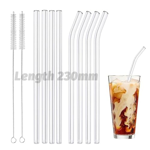 vgggrd Pajitas Reutilizables Vidrio (4 Rectas + 4 Curvas) con 2 Cepillo, Pajitas Comestibles de 23 cm para Batidos, Cócteles, Batidos, Bebidas Frías